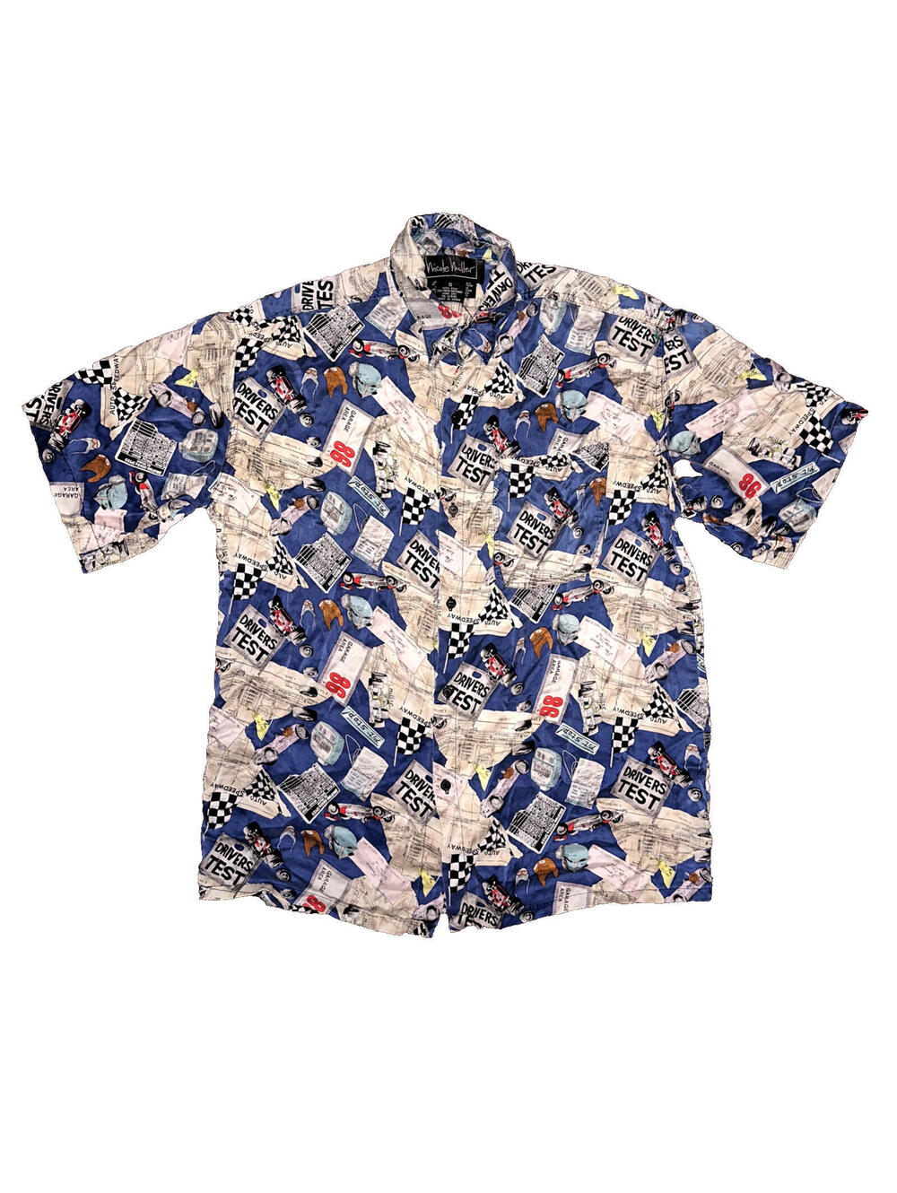 Nicole Miller 100% Silk Shirt Vintage 1994 Limited Quantities Cars Drivers Test